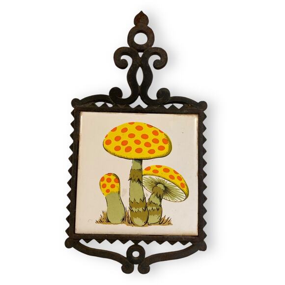 Vintage Other - Vintage 70s White Tile Black Cast Iron Yellow Orange Mushrooms Wall Art Trivet